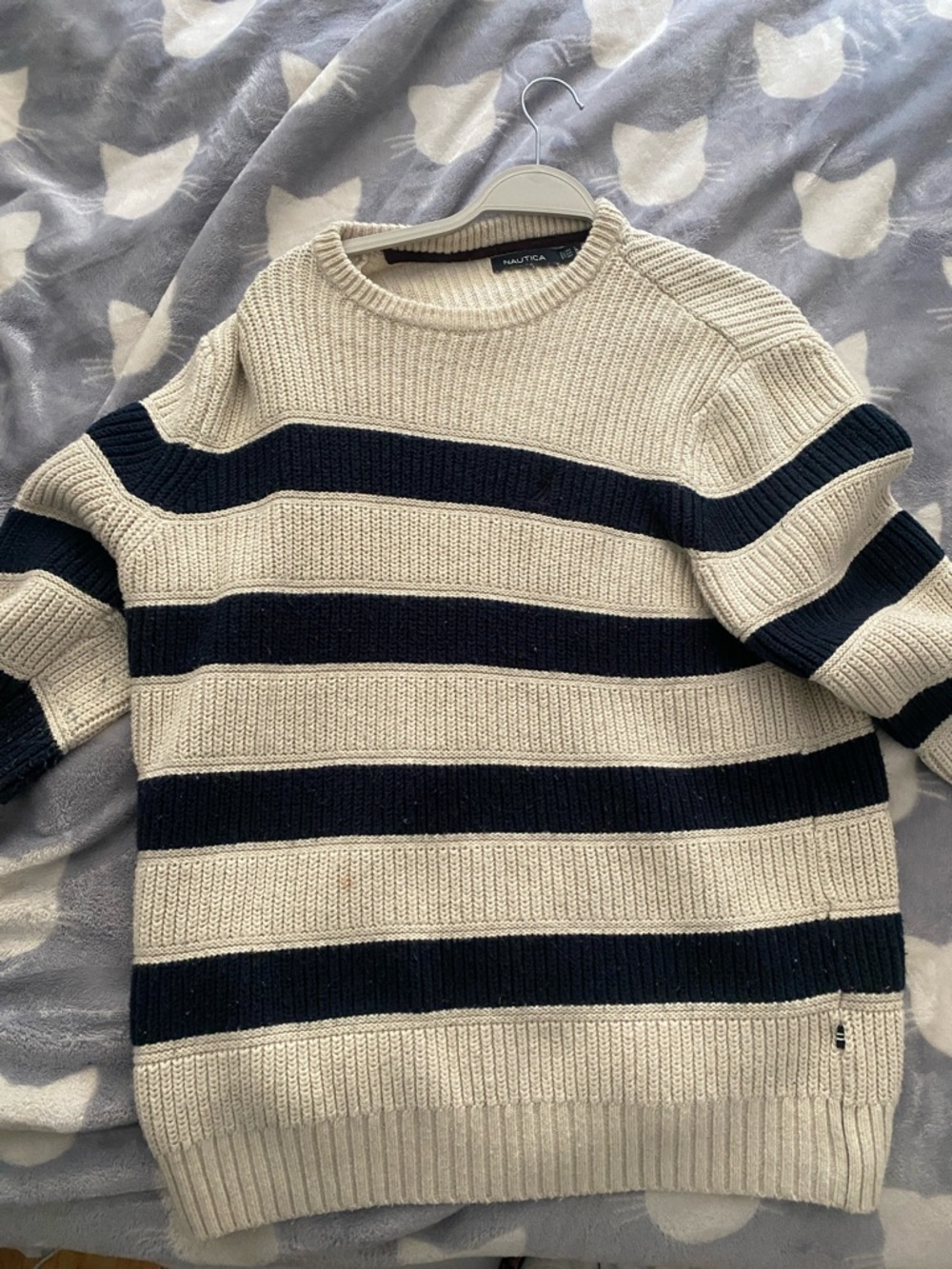Nautica Men's Cream and Navy Striped Crewneck Sweater